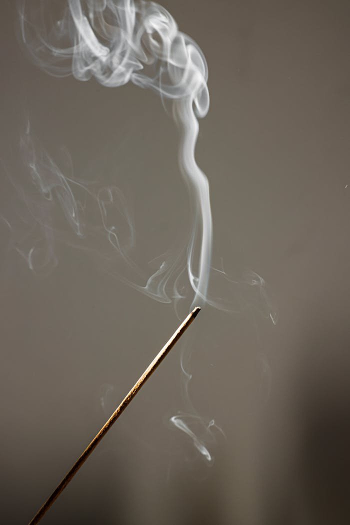 Close-up of incense stick emitting calming smoke, ideal for relaxation and meditation concepts.